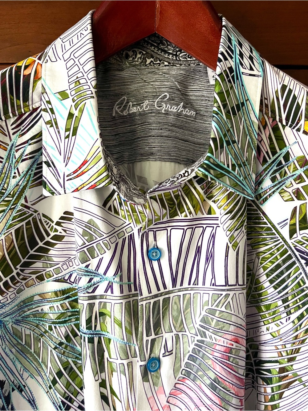 Robert Graham Palm Leaf Print Embroidered Short Sleeve Shirt 4XL - Picture 3 of 12